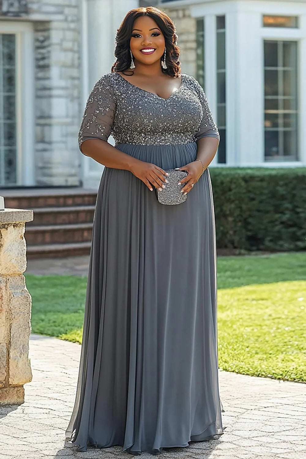 Grey Beaded A Line Plus Size Long Full Of Charm Mother of Bride Dress